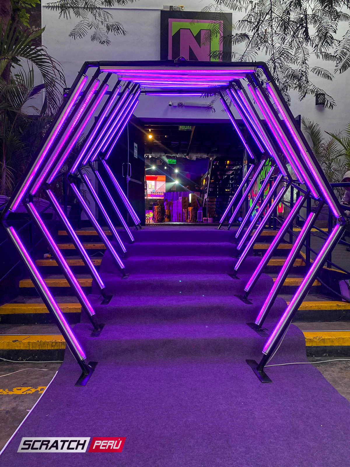 Túnel LED hexagonal violeta: Entrada encantadora en escaleras hacia un evento, con iluminación violeta cautivadora. - Túnel hexagonal led - scratch perú.