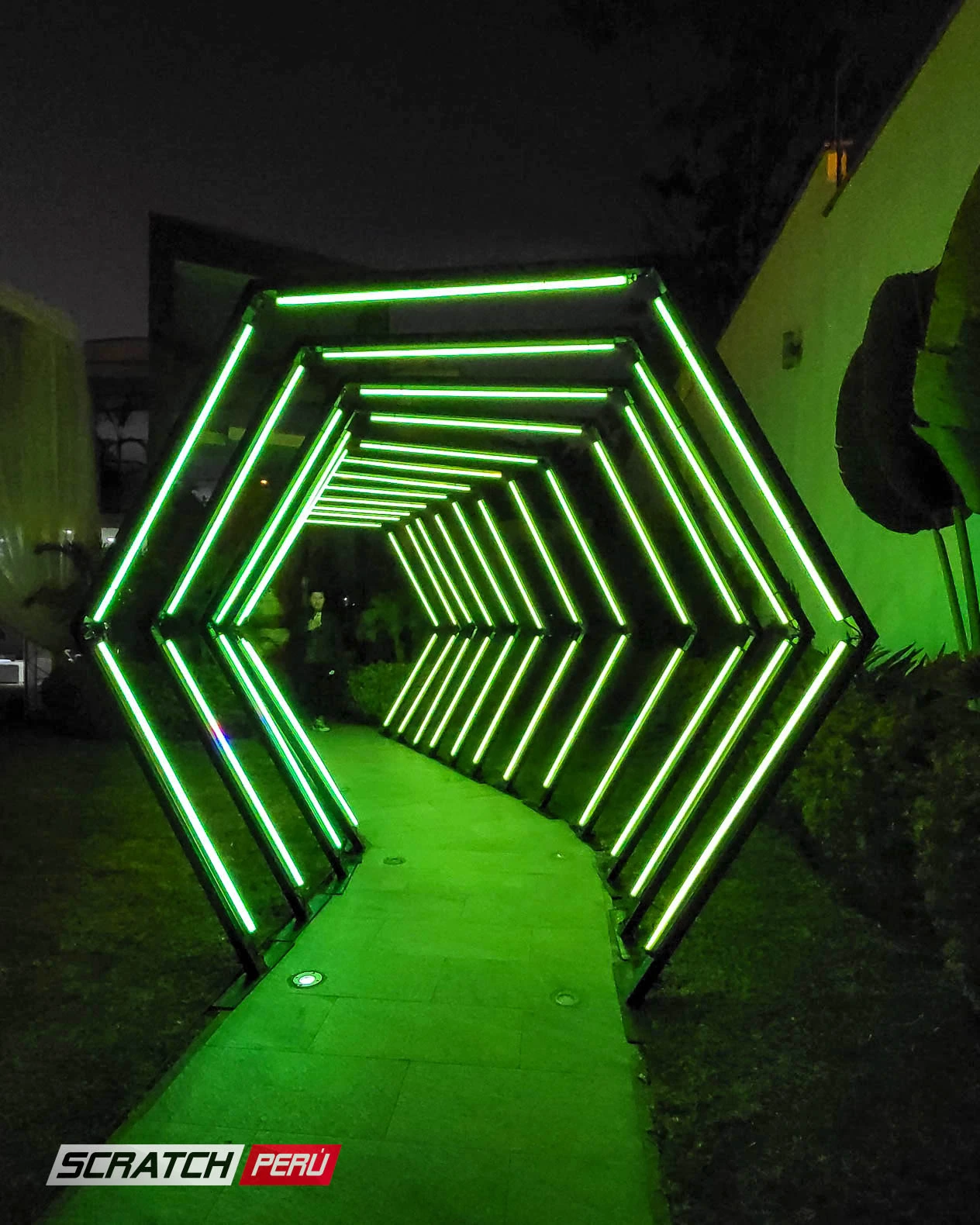 Túnel LED hexagonal verde: Elegante iluminación en el camino hacia una casa de eventos, creando una atmósfera única. - Túnel hexagonal led - scratch perú.