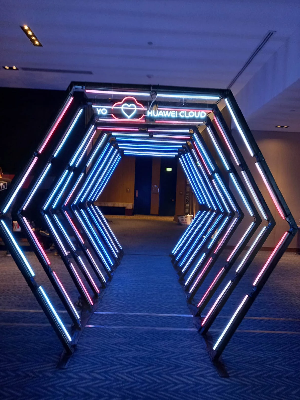 Túnel LED hexagonal multicolor: Efectos luminosos espectaculares en el camino hacia un evento, con luces cambiantes y vibrantes. - Túnel hexagonal led - scratch perú.