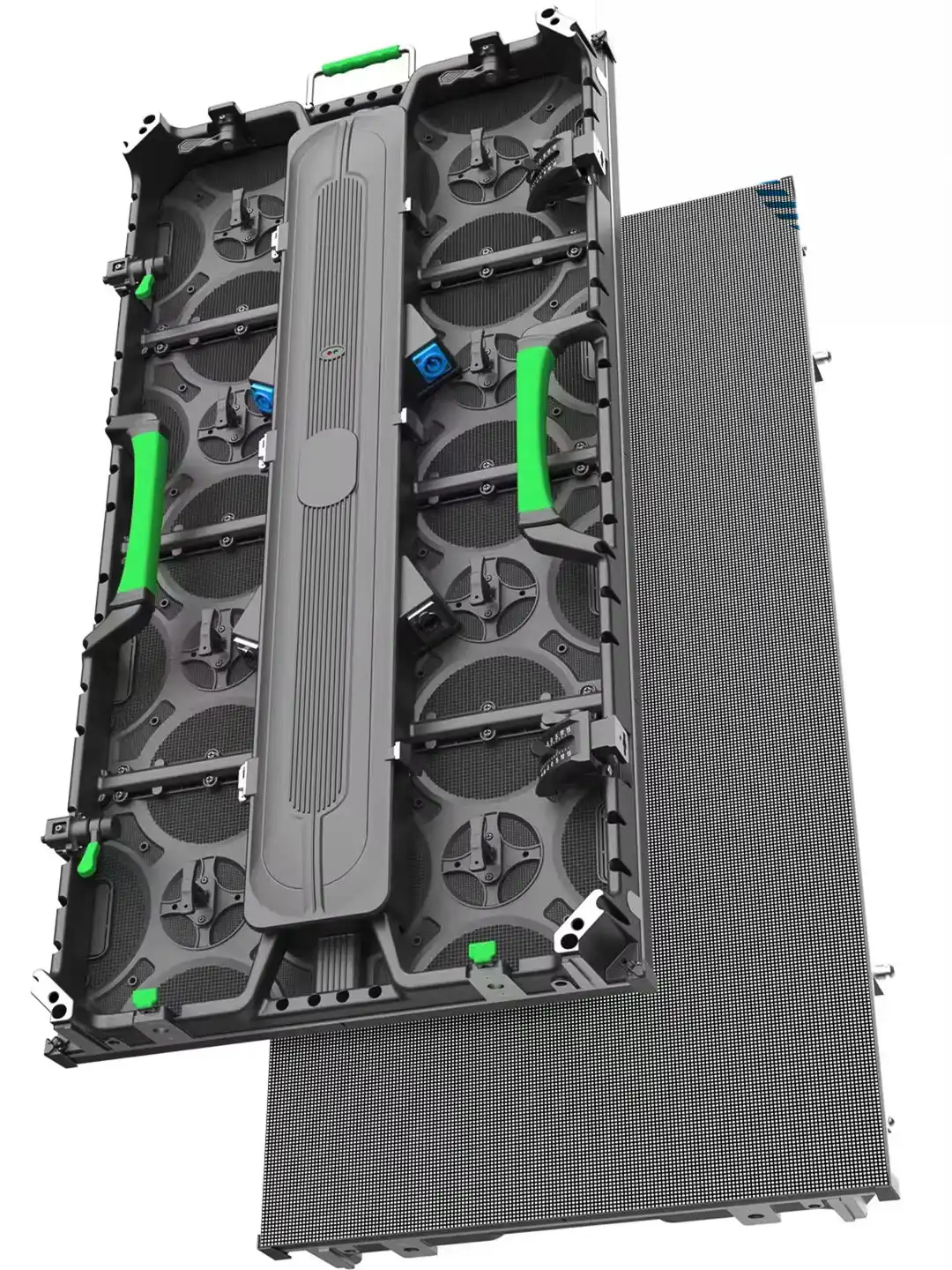 Panel LED P3 con la parte frontal desmontada, mostrando detalles de la estructura trasera.