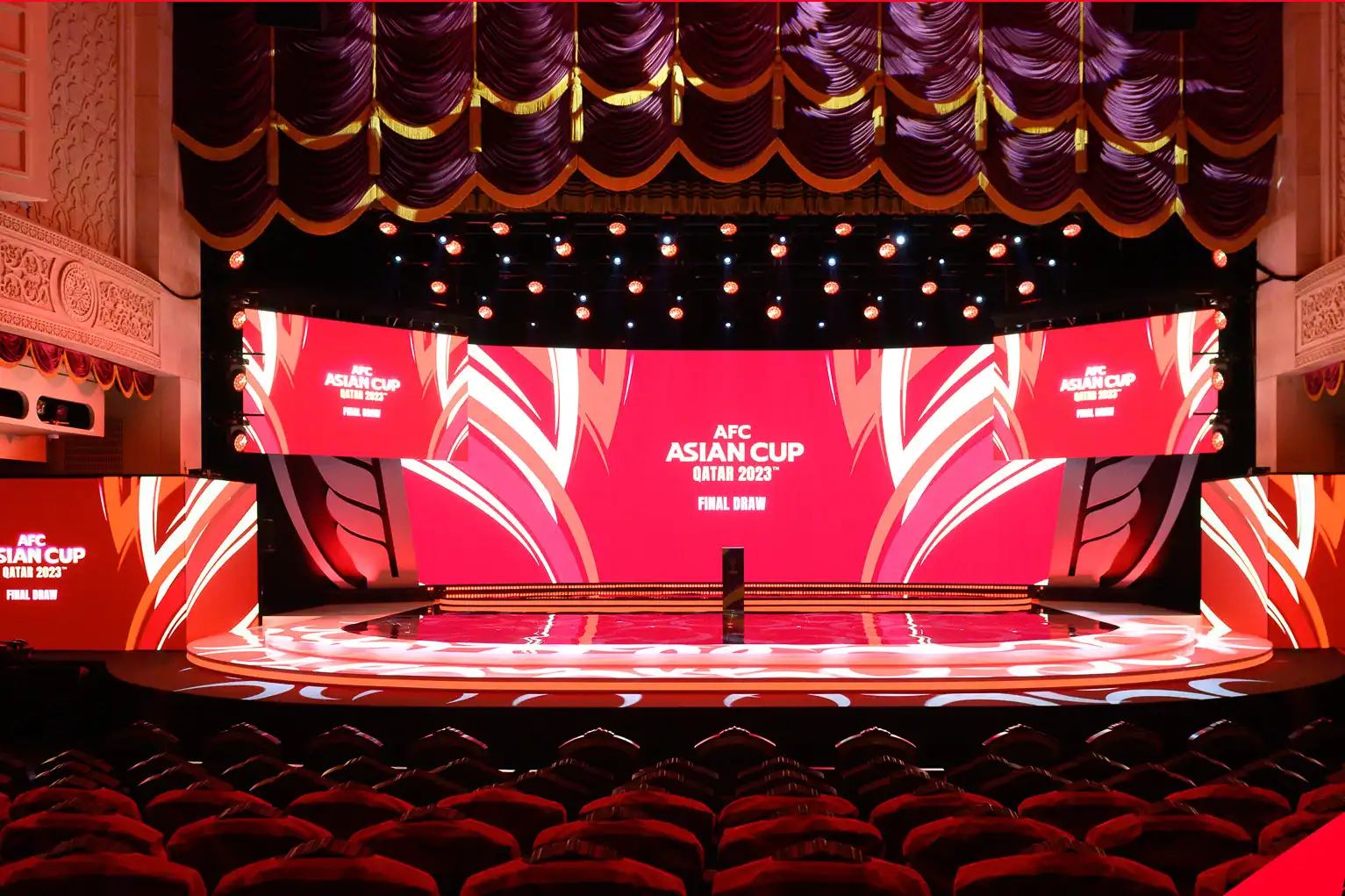 Pantallas LED P3 iluminando el escenario para la presentación de la AFC Asian Cup 2023 en Catar.