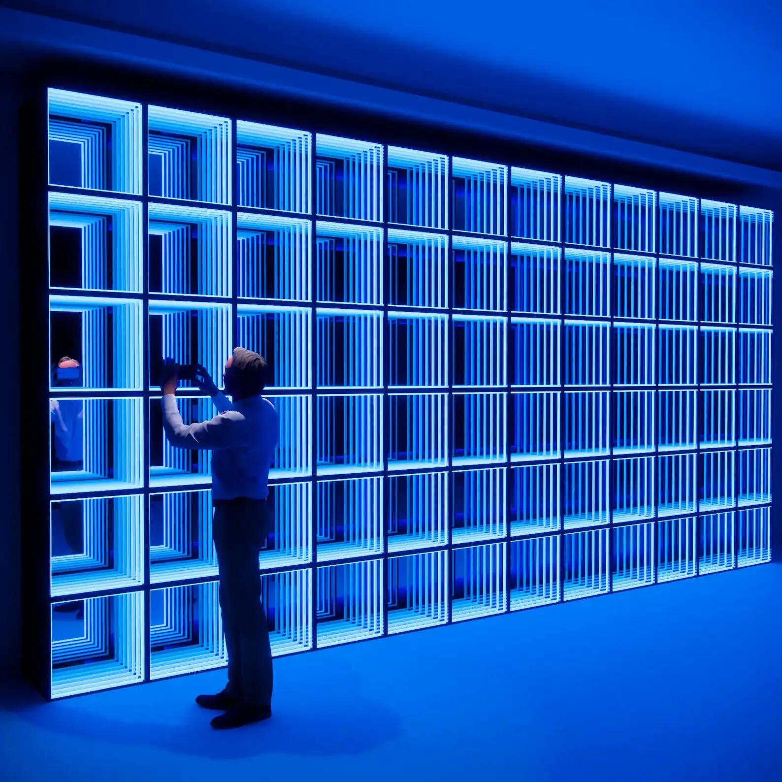 Persona fotografiando una pared LED Espejo Infinito 3D azul Persona fotografiando con su celular una pared de paneles LED Espejo Infinito 3D en tono azul dentro de un ambiente completamente iluminado en azul.