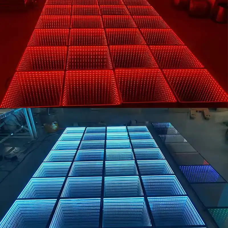 Collage de la pista LED 3D Infinity Mirror en tonos rojo y azul cian Composición de dos vistas de la pista de baile LED 3D Infinity Mirror, una en tono rojo y otra en azul cian sobre piso de fábrica.