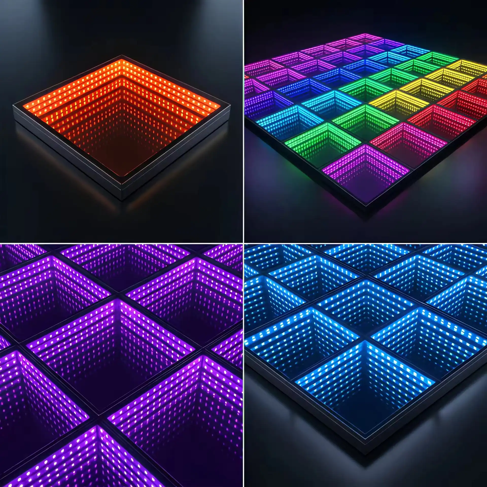 Segundo collage de la pista LED 3D Infinity Mirror en distintos colores RGB Composición de cuatro vistas adicionales de la pista de baile LED 3D Infinity Mirror en distintas combinaciones de colores RGB.