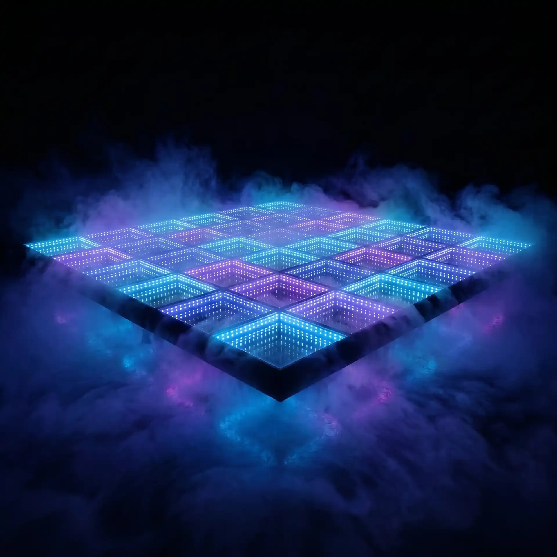 Ilustración conceptual de un módulo de pista LED 3D Infinity Mirror flotando en la oscuridad rodeado de humo azul y púrpura, mostrando el efecto de abismo infinito.