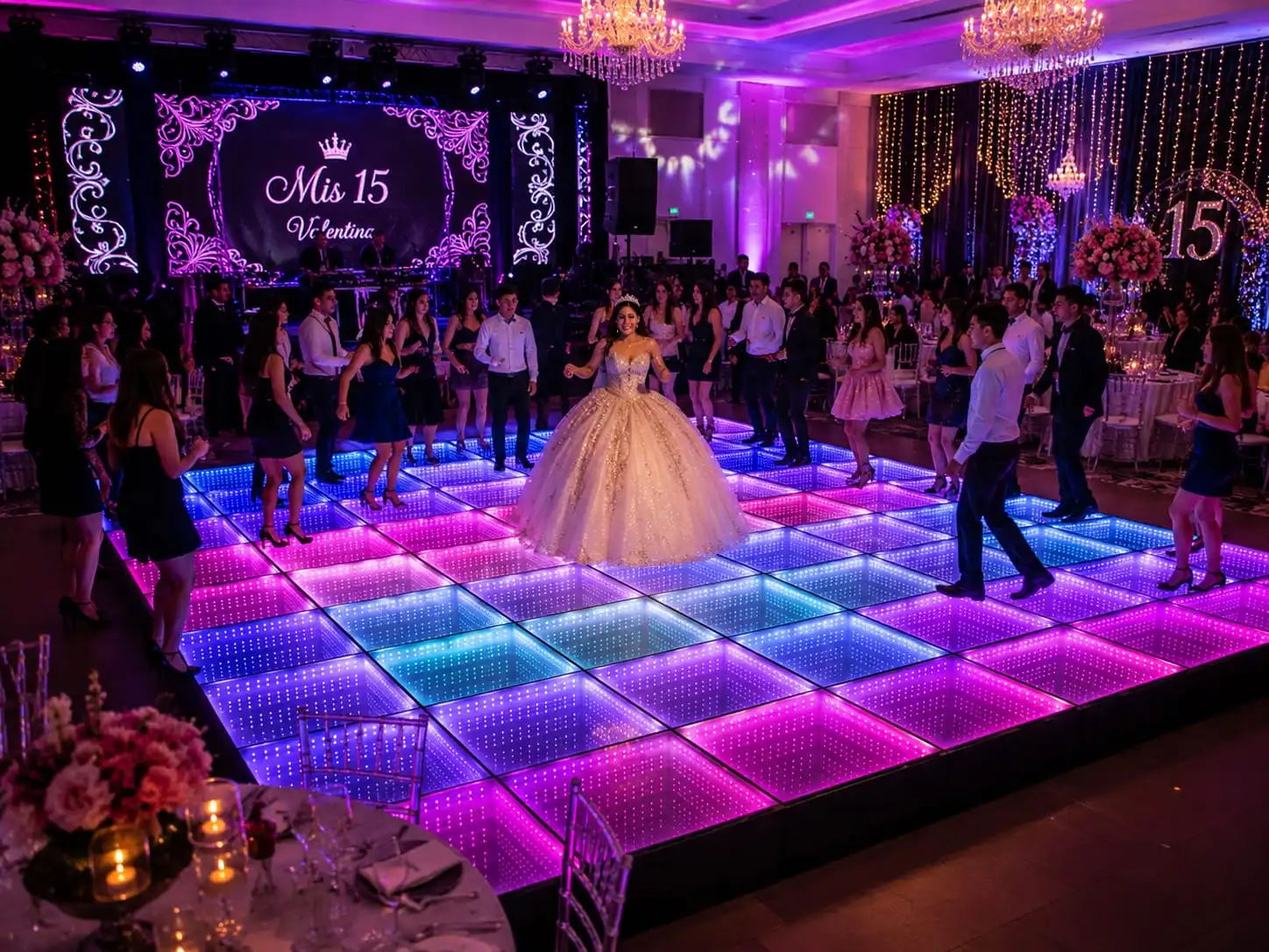 Quinceañera bailando en el centro de la pista LED 3D Infinity Mirror La quinceañera Valentina bailando en el centro de la pista de baile LED 3D Infinity Mirror en tonos rosa, azul y púrpura, rodeada de sus invitados.